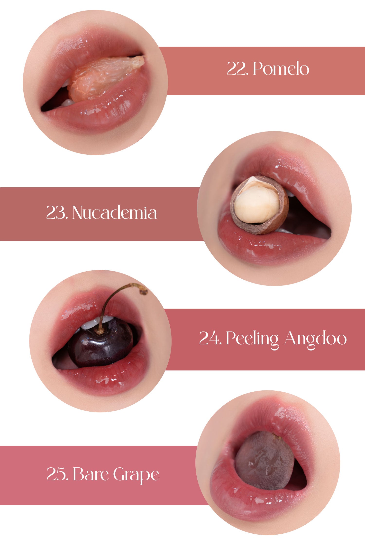 rom&nd, romand, juicy lasting, juicy lasting tint, glossy lip tint, pomelo skin, nucadamia, peeling andoo, bare grape 